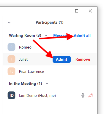 Waiting room Admit buttons