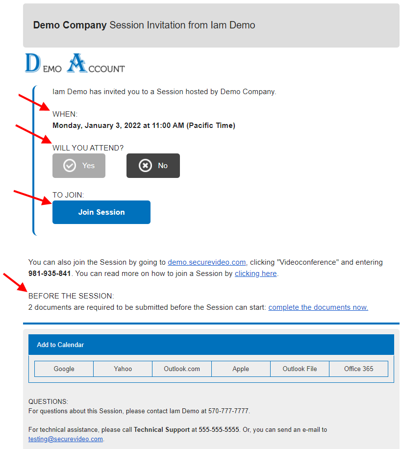 Sample invite, arrows pointing to each section