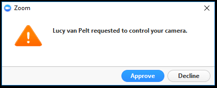 Notification: Lucy van Pelt requested to control your camera. Options: Approve, Decline