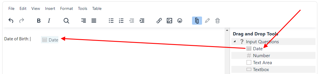 Arrow pointing at the Date field in the document control panel, and what it looks like when dragging the field